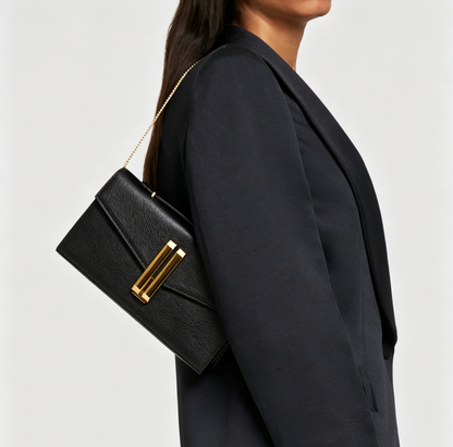 Black Smooth Leather Flap Clutch Bag With Gold Chain & Dual Handles