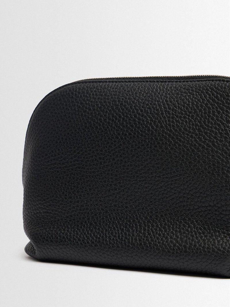 Soft Pebble Grain Leather Dome Zip Makeup Pouch Clutch
