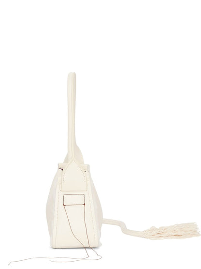 Cream Smooth Leather Fringe Baguette Shoulder Bag