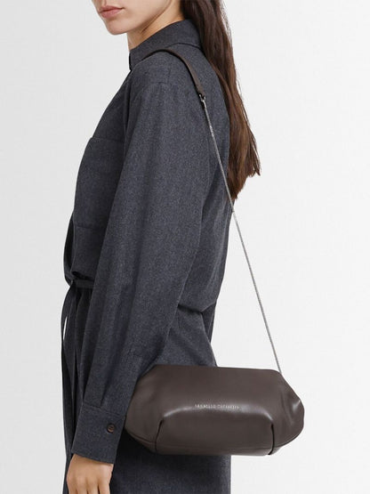 Dark Brown Lamb Leather Frame Clutch With Leather Insert Metal Chain Strap