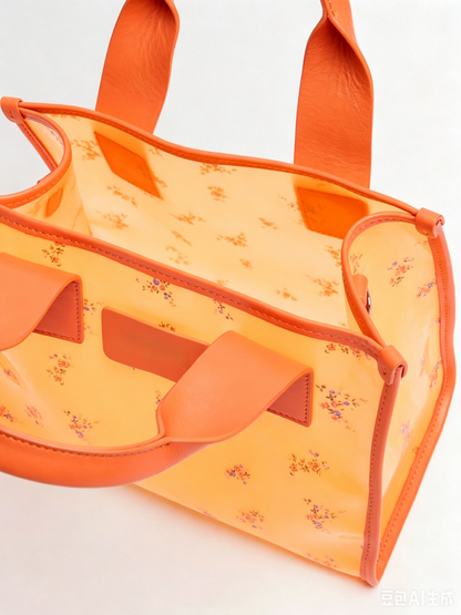 Orange Floral Transparent Mini Tote Bag With Detachable Strap