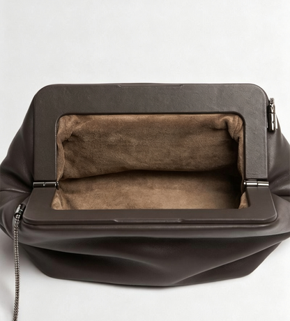 Dark Brown Lamb Leather Frame Clutch With Leather Insert Metal Chain Strap