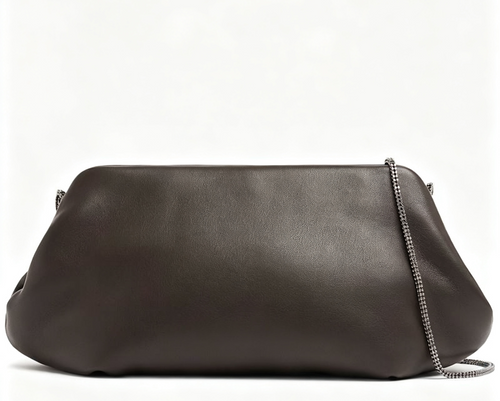 Dark Brown Lamb Leather Frame Clutch With Leather Insert Metal Chain Strap