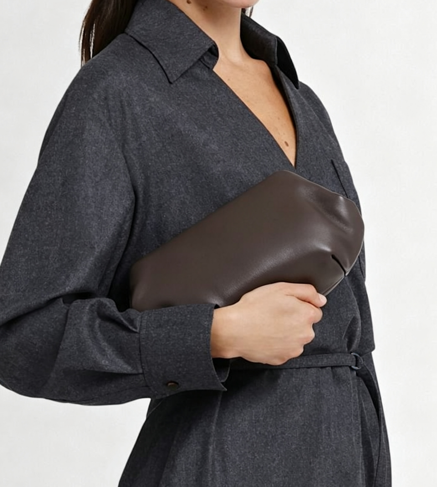 Dark Brown Lamb Leather Frame Clutch With Leather Insert Metal Chain Strap