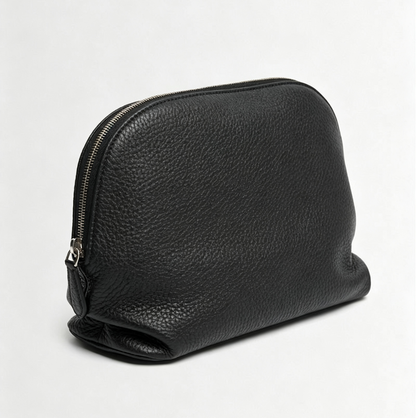 Soft Pebble Grain Leather Dome Zip Makeup Pouch Clutch