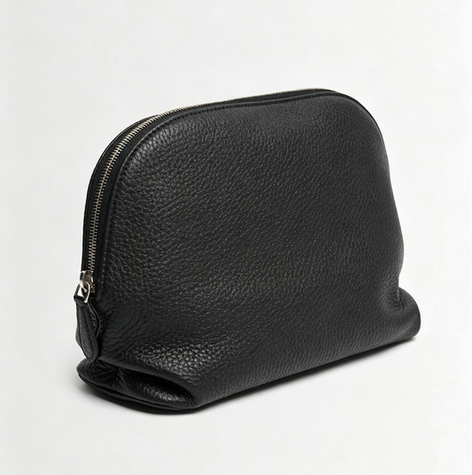 Soft Pebble Grain Leather Dome Zip Makeup Pouch Clutch
