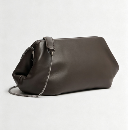 Dark Brown Lamb Leather Frame Clutch With Leather Insert Metal Chain Strap